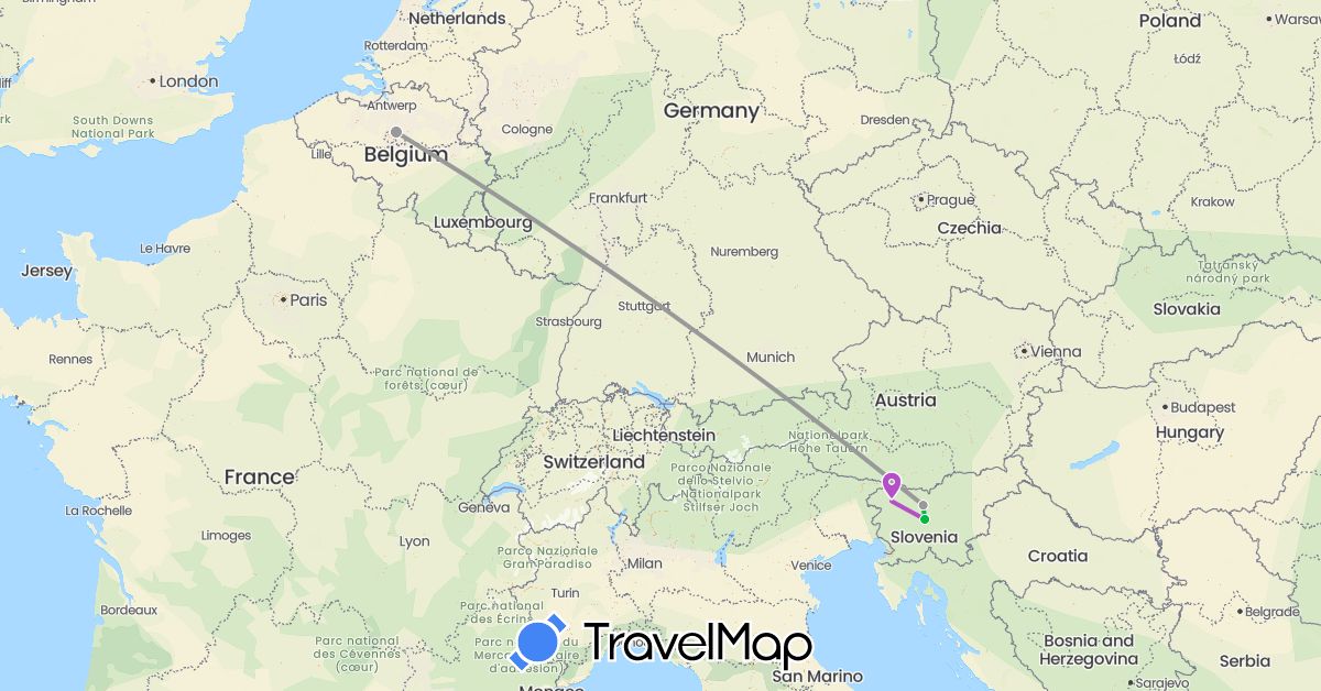 TravelMap itinerary: driving, bus, plane, train in Belgium, Slovenia (Europe)